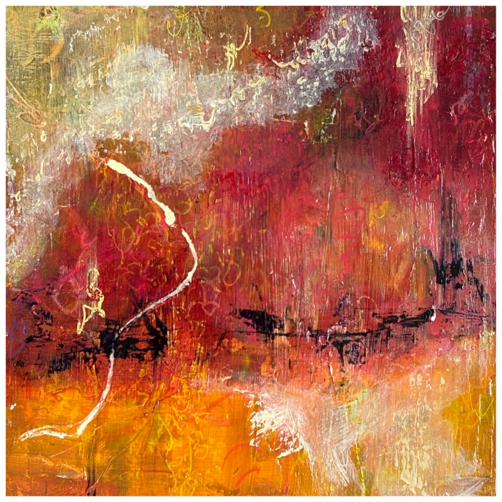 Abstract painting with aesemic text and graffiti marks, thunder clouds and lightning marks