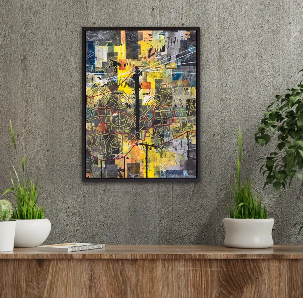 Black and yellow collage with red showing an imagined map of an Eruv superimposed over images of telegraph poles displayed over a sideboard