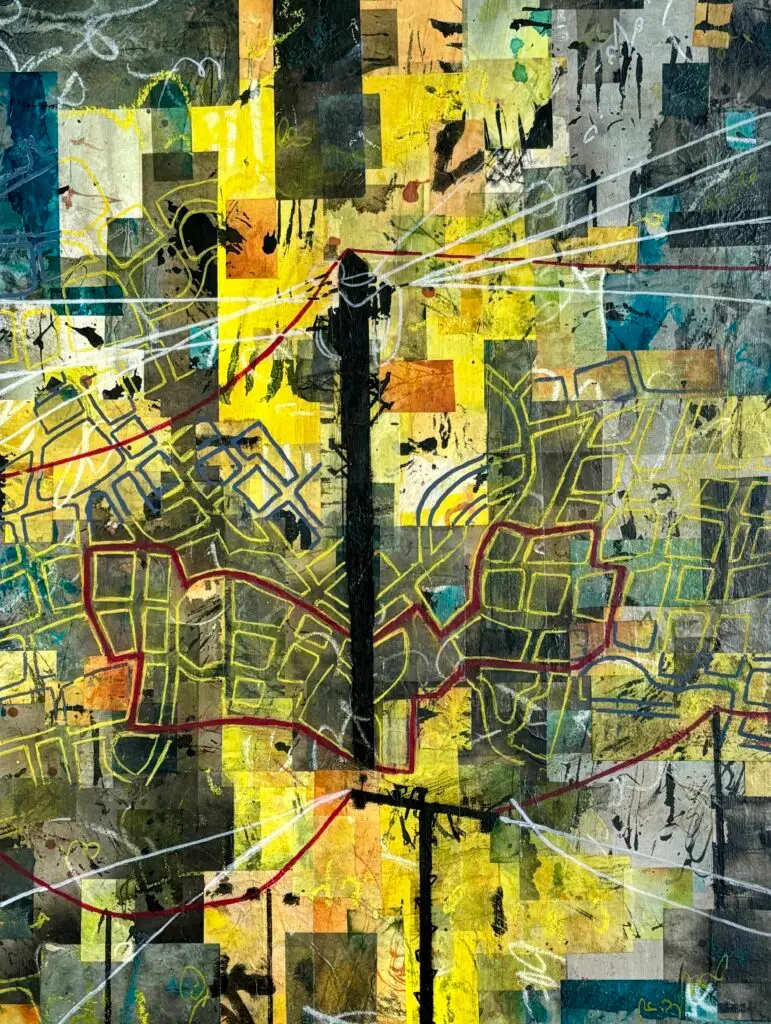 Black and yellow collage with red showing an imagined map of an Eruv superimposed over images of telegraph poles
