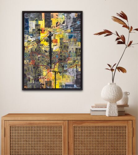 Black and yellow collage showing telegraph pole sad an imagined map of an eruv, displayed over a sideboard