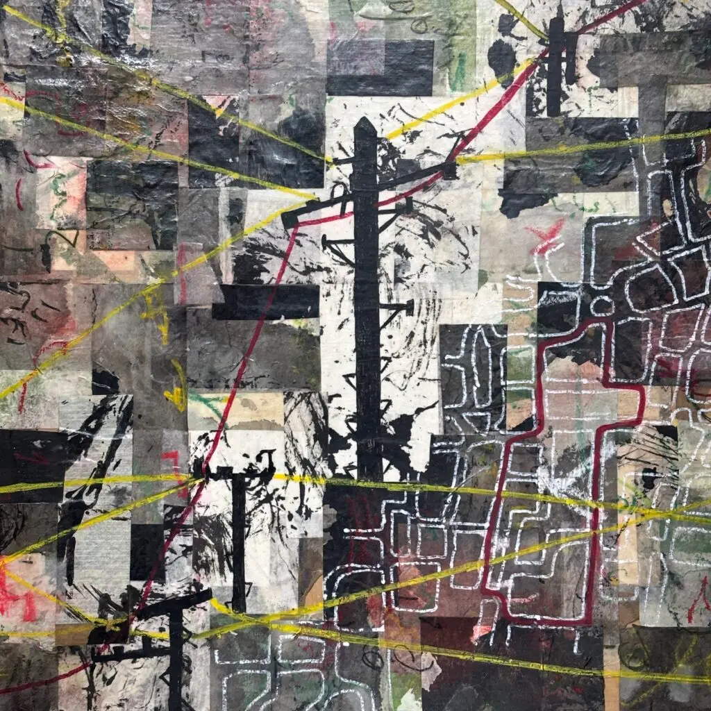 Black and white collage showing a map of an imaginary Eruv and telegraph poles