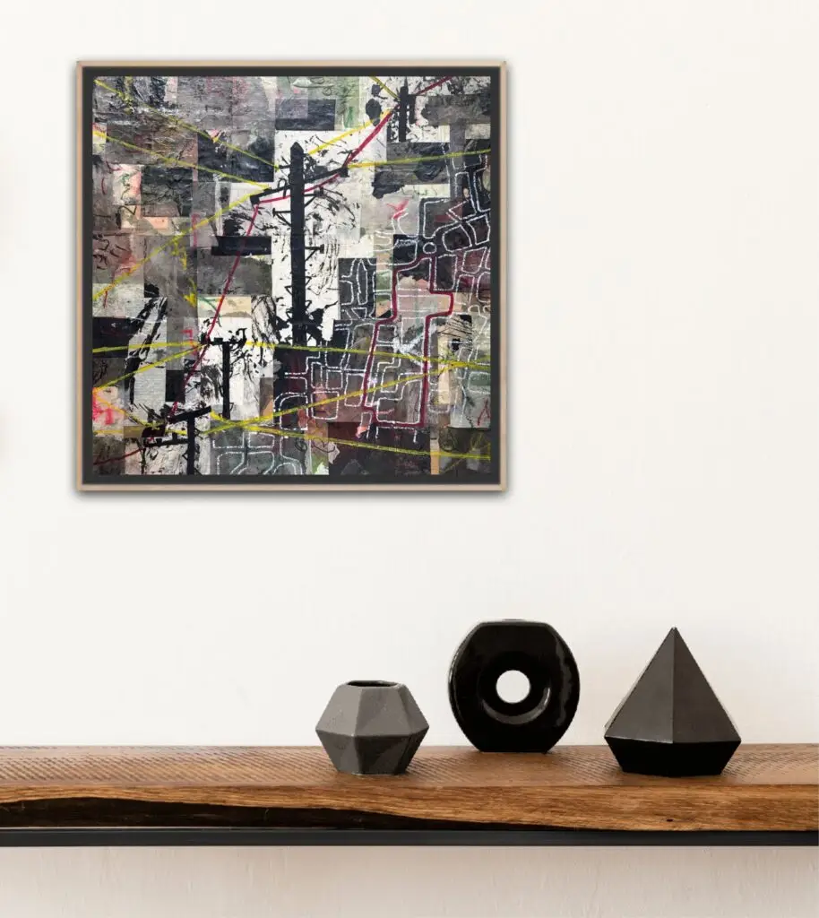 Black and white collage showing a map of an imaginary Eruv and telegraph poles displayed over a shelf with black ornaments