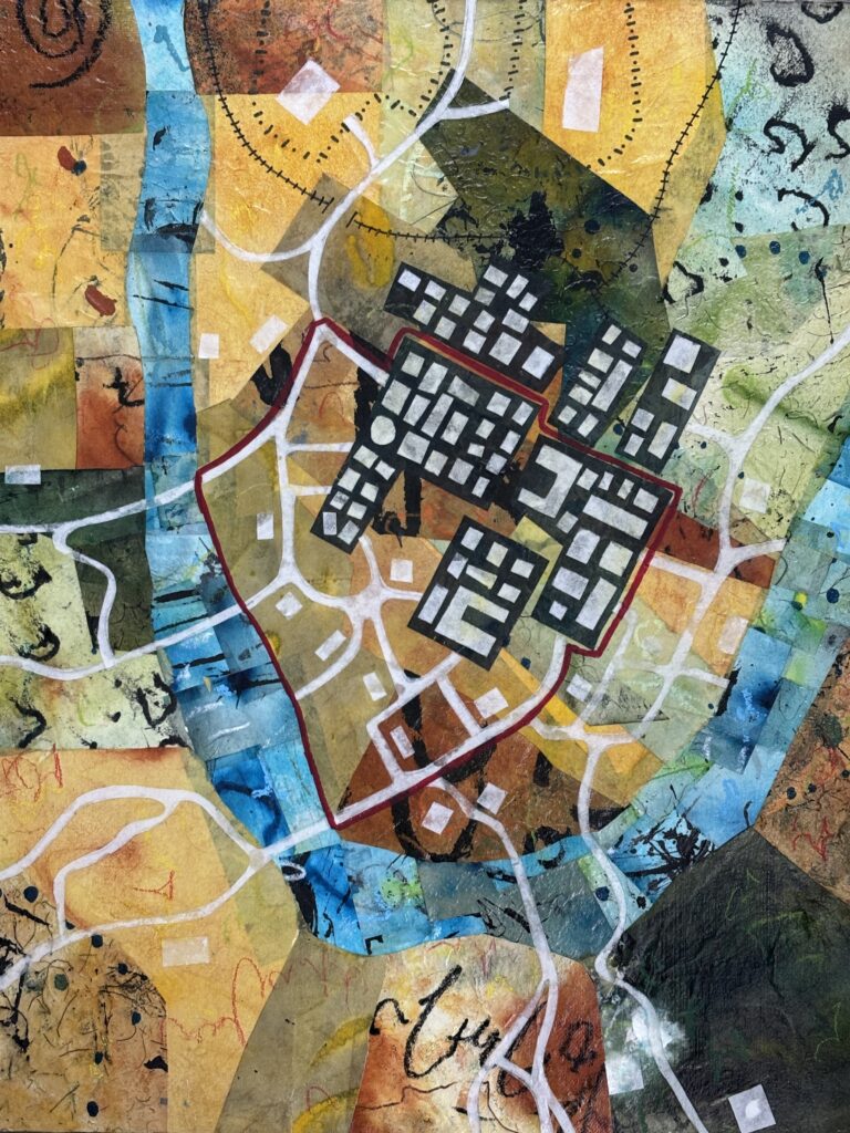 Collage in brown and turquoise showing an imaginary eruv map over an aerial plan for a town and river