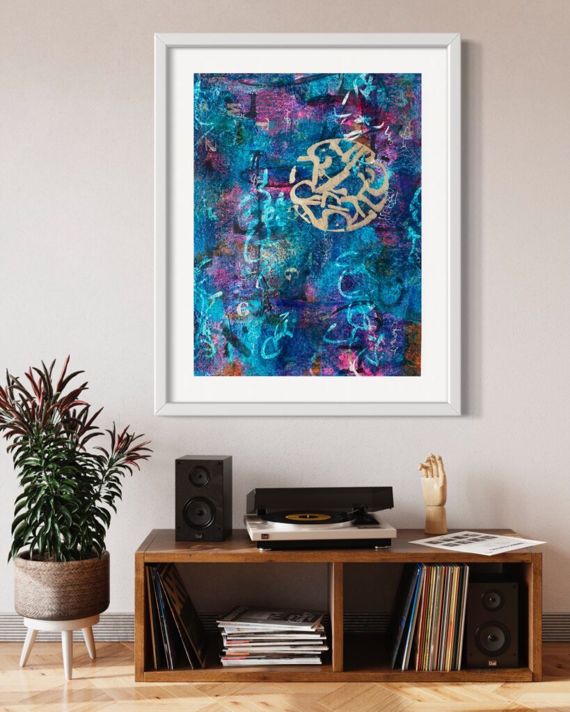 Abstract Jewish art showing Hebrew characters in silver in a circle on an abstract blue background with graffiti like aesemic writing. 