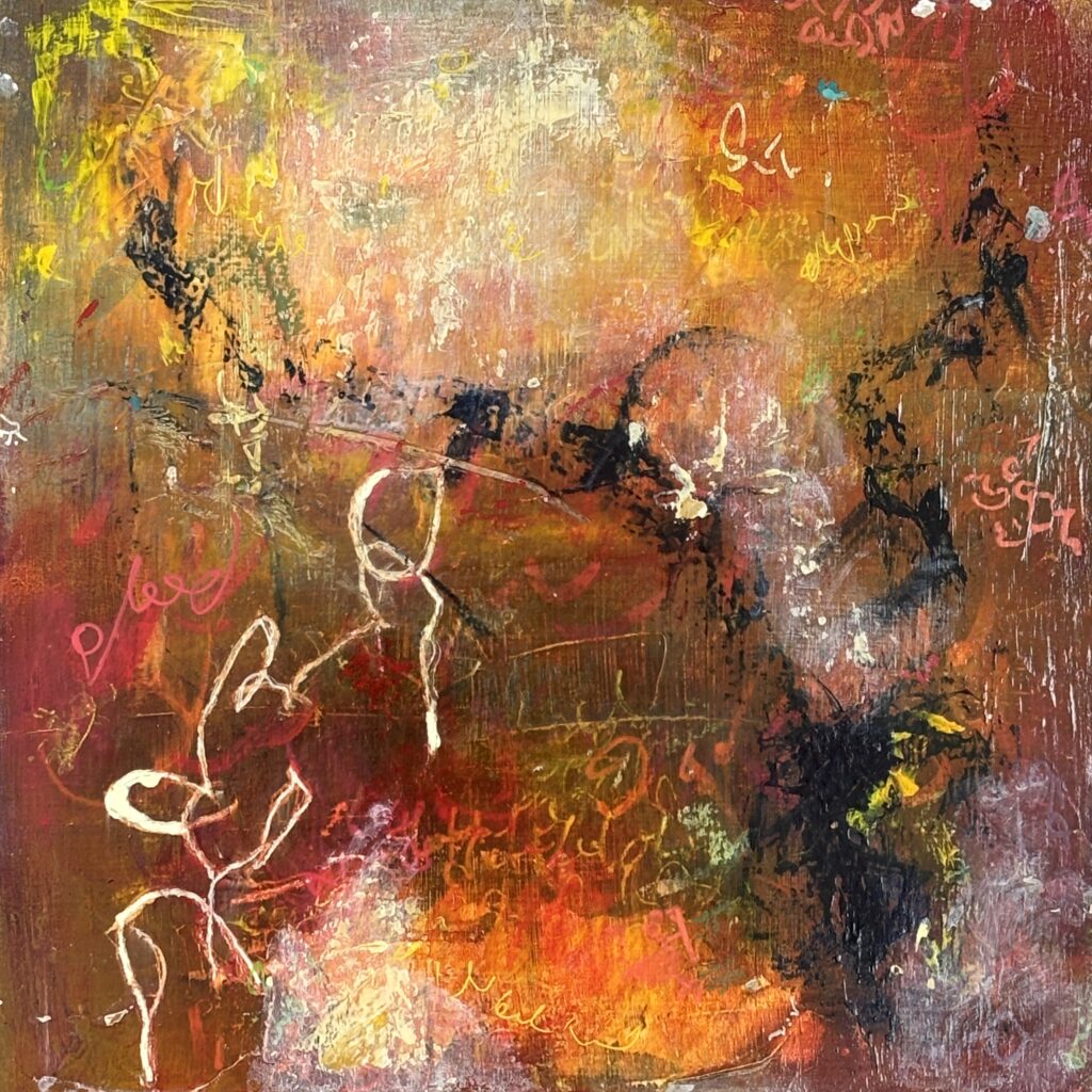 Abstract painting with aesemic text and graffiti marks, thunder clouds and lightning marks