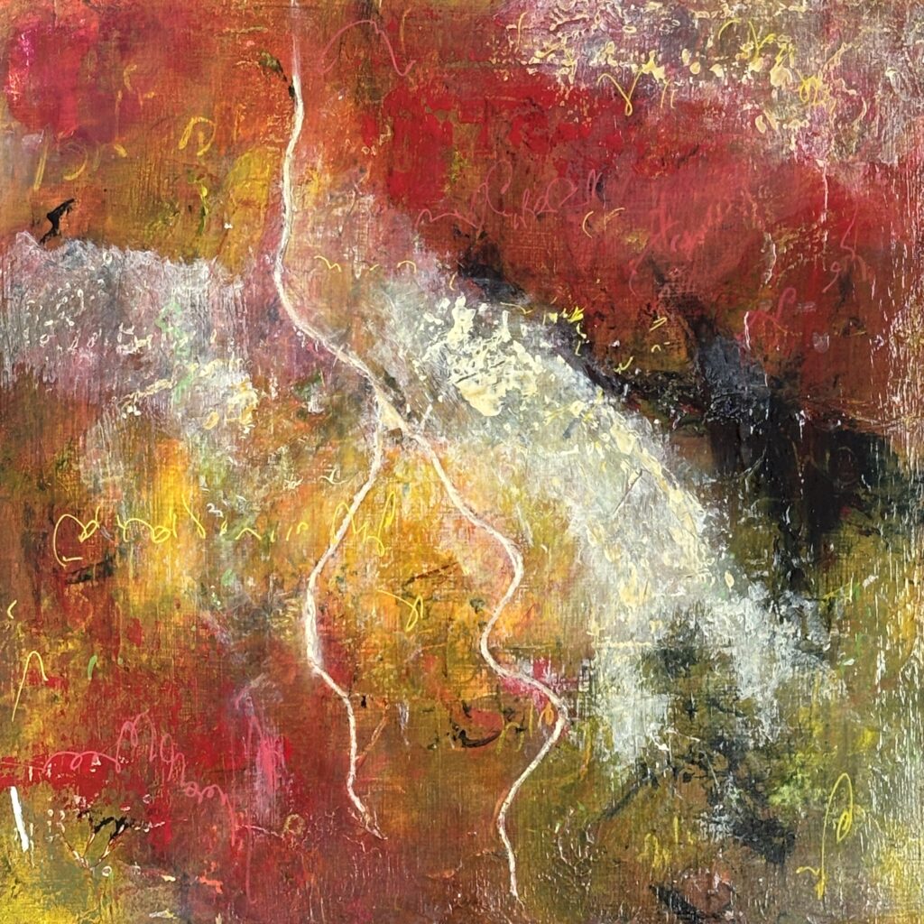 Abstract painting with aesemic text and graffiti marks, thunder clouds and lightning marks