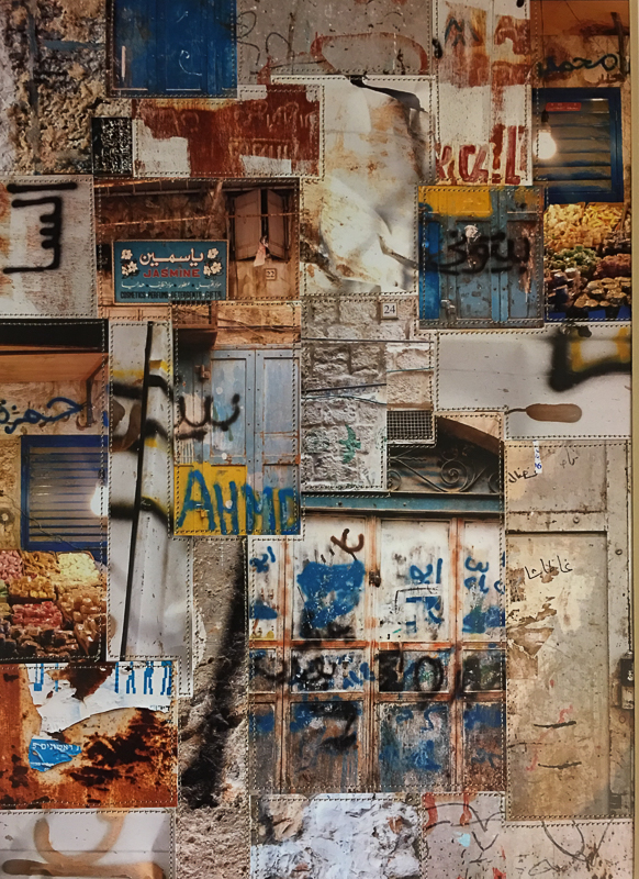 Stitched photo collage artwork of graffiti ( Hebrew and Arabic) from the old city of Jerusalem