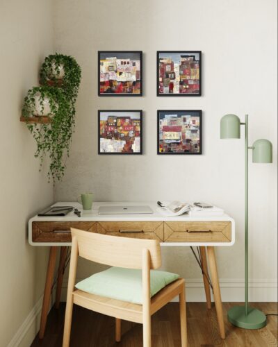 Set of four paintings showing jumbled houses like favelas or townships.