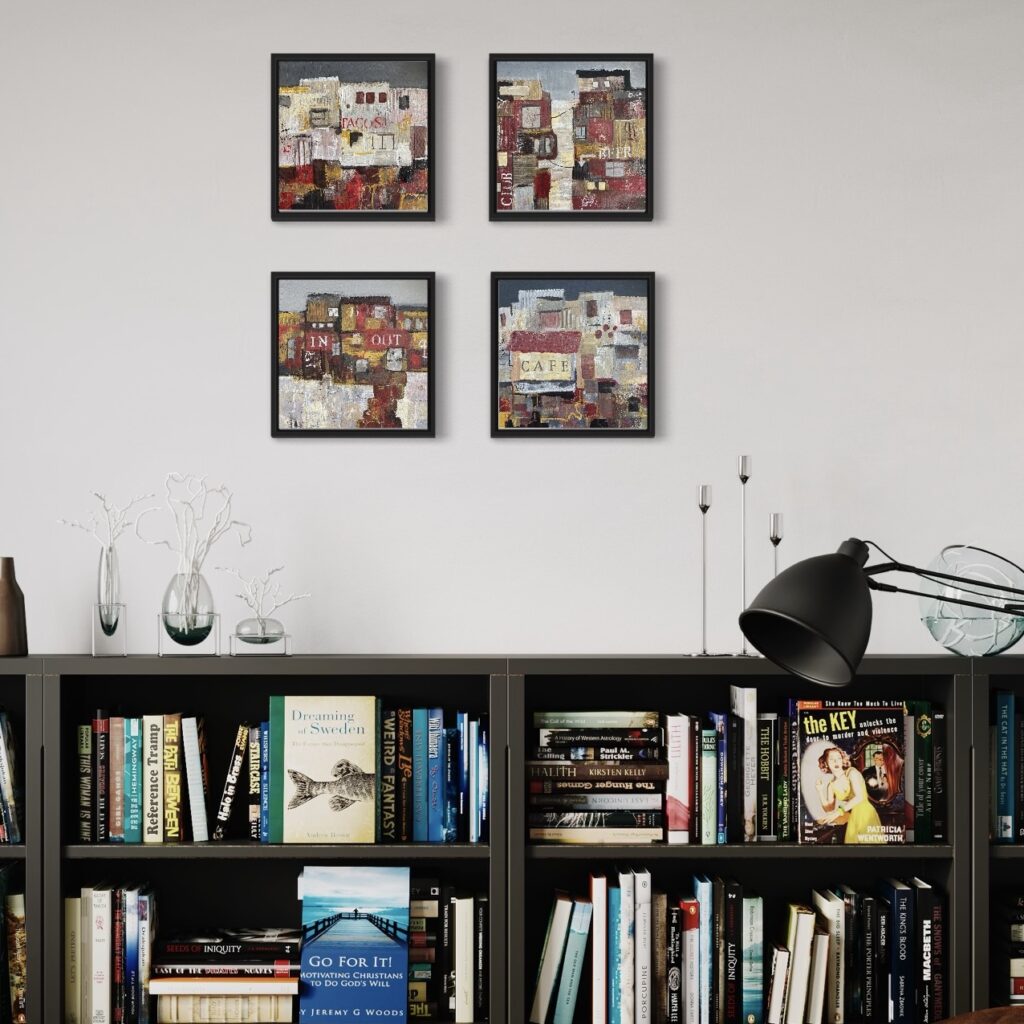 four paintings showing township or favela housing displayed above a low bookcase