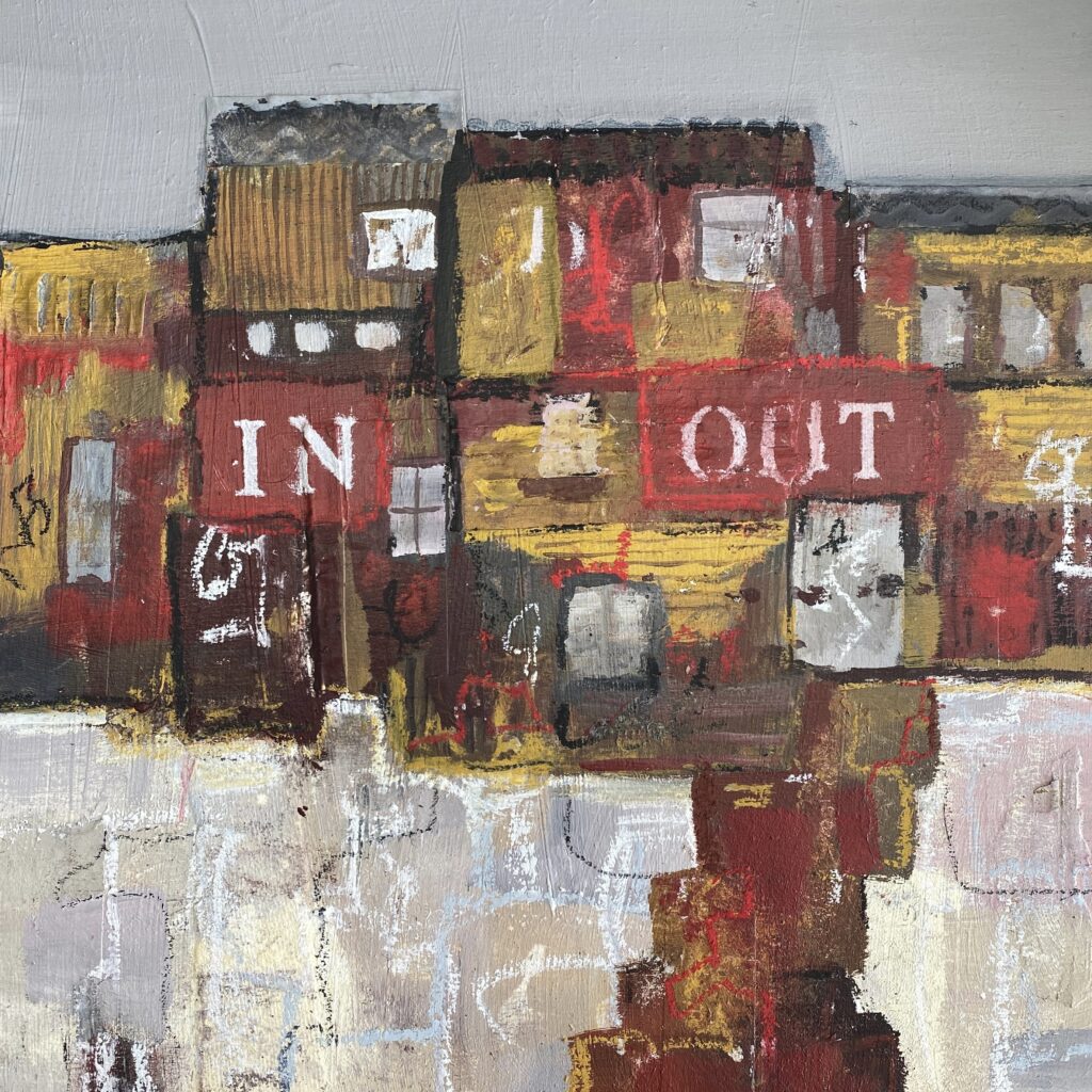 Painting of township or favela housing with the words In and Out