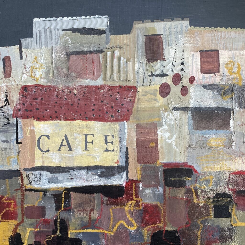 Painting showing township or favela housing and the word Cafe