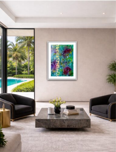 Abstract art in greens with graffiti rags, asemic writing and abstracted Hebrew letters displayed in a lounge by a pool