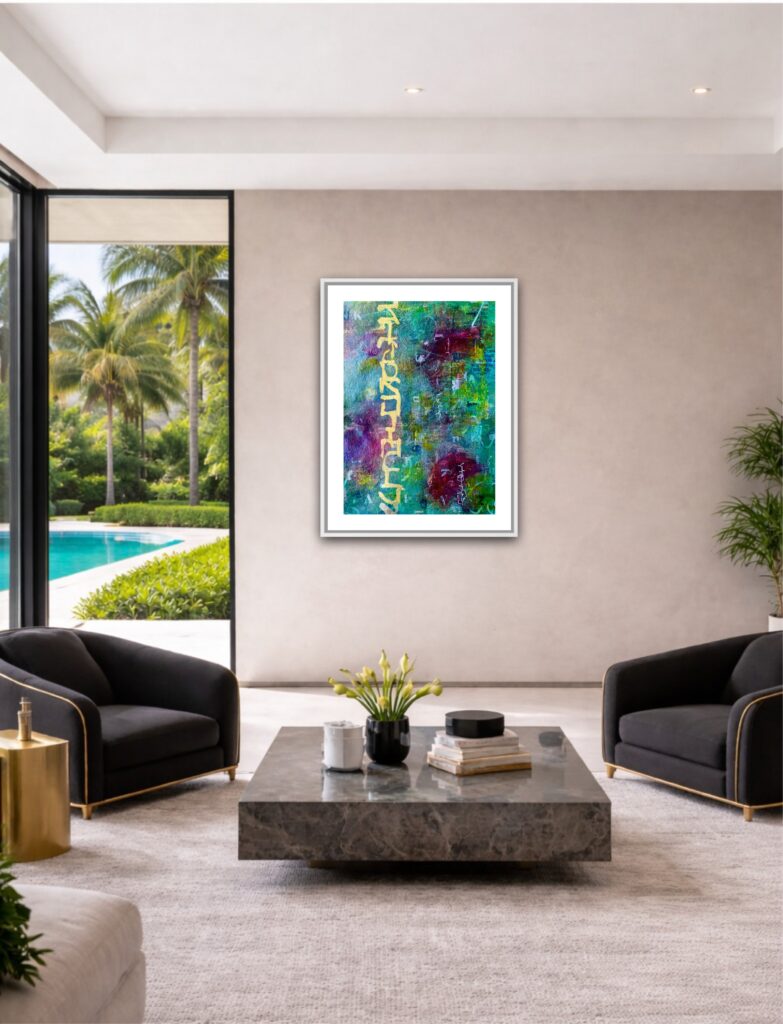Abstract art in greens with graffiti rags, asemic writing and abstracted Hebrew letters displayed in a lounge by a pool