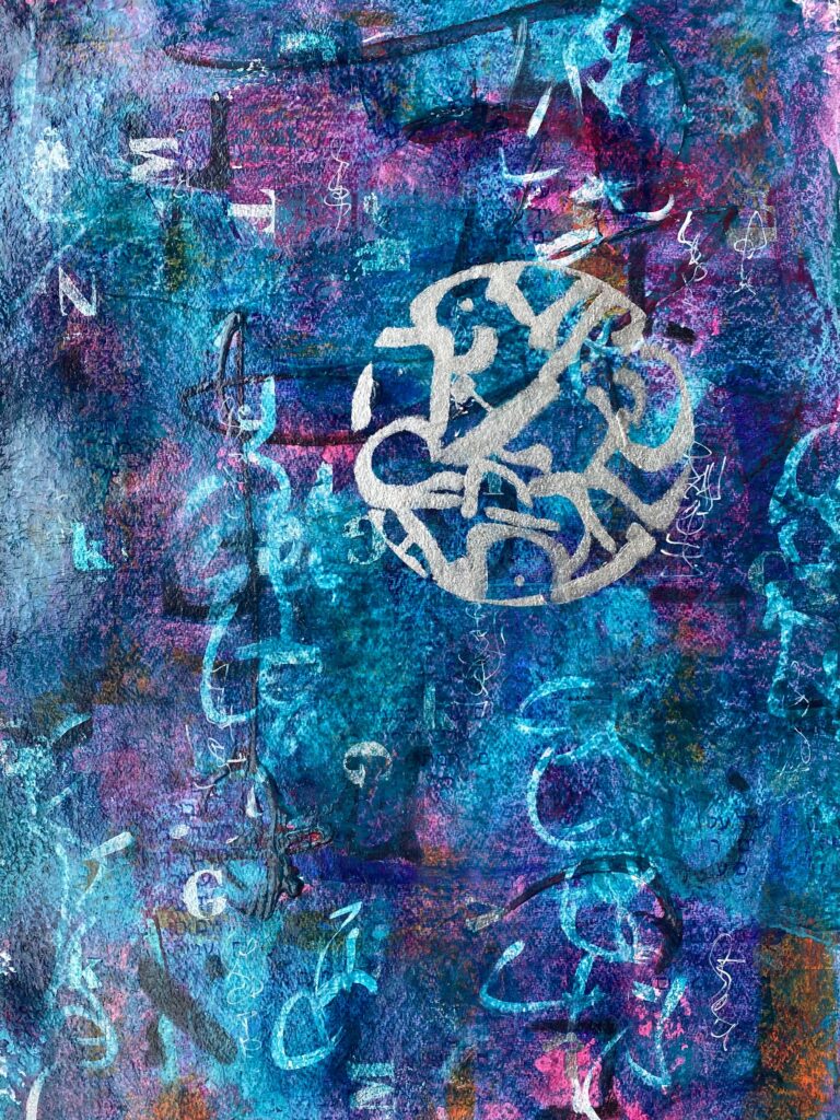 Abstract paintings in blue showing floating English letters and a circle of abstracted Hebrew letters in silver