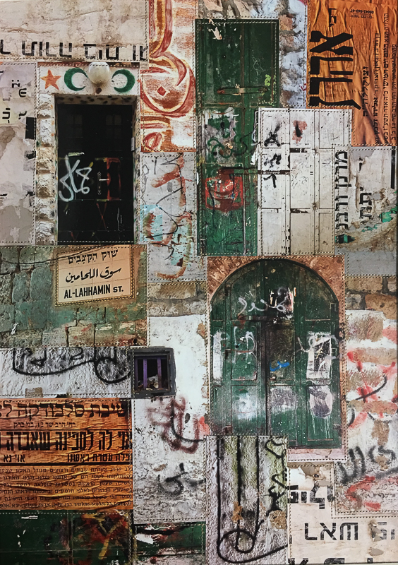 Stitched photo collage artwork of graffiti ( Hebrew and Arabic) from the old city of Jerusalem