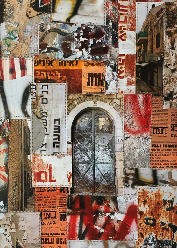 Stitched photo collage artwork of graffiti ( Hebrew and Arabic) from the old city of Jerusalem